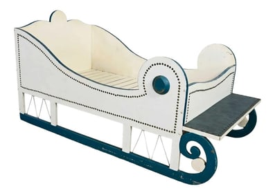 Vintage Sleigh-Style Dog Bed White With Blue Trim & Nail Head Design