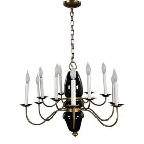 Mid-Century Modern Hollywood Regency 12 Arm Black Pottery & Brass Chandelier