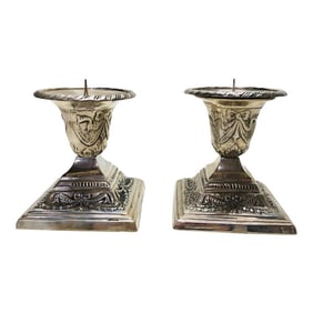 Silverplated Candlesticks Decorated With Swags and Bows - a Pair