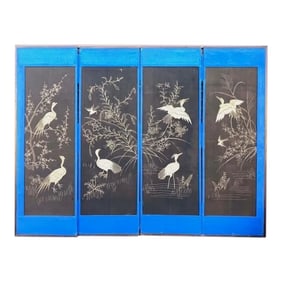 Large Silver Thread Embroidered Cranes and Foliage Four Panel Folding Screen