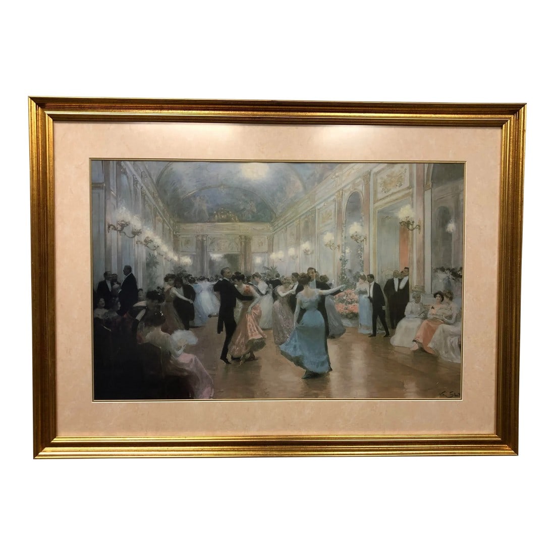 An Elegant Soiree - Vintage Copy of Watercolor Painting by French Artist Victor Gabriel Gilbert: Step into the golden glow of a bygone era with An Elegant Soiree, a vintage original watercolor painting capturing the refined splendor of a grand ballroom scene. Couples in flowing gowns and black-ti