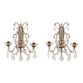 Pair of Brass Three Arm Candle Sconces With Crystals