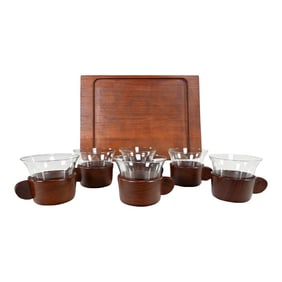 Vintage Mid Century Modern Galatix Hand Made Burma Teak Tea Service Set of 6 With Tray