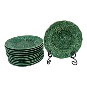 Antique Majolica Green Plates, Grape Leaves, Strawberries and Grapes, Set of 12