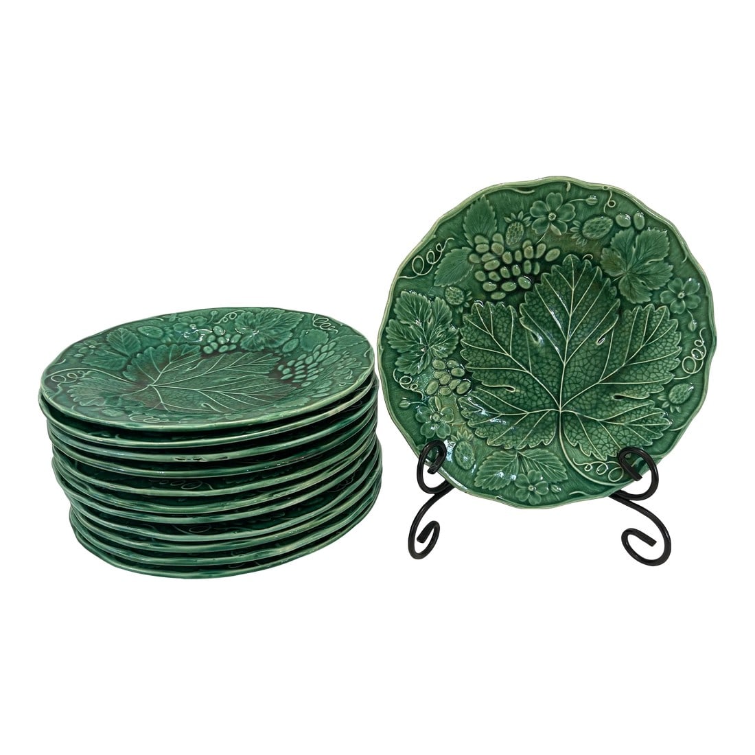 Antique Majolica Green Plates, Grape Leaves, Strawberries and Grapes, Set of 12 (1 of 13)