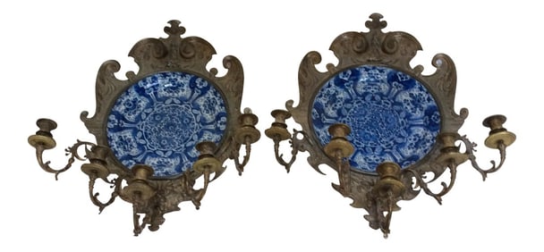 Early 18th Century Delft Charger Wall Sconces - a Pair