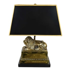 Late 20th Century Neoclassic Brass Lion Low Desk Lamp Rectangular Black Shade