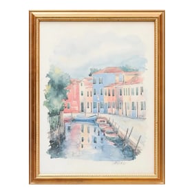 Mario Carraro Venetian Water Color Painting of Burano Venice