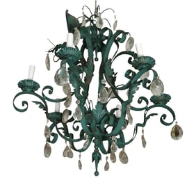 Verdigris Painted Tole and Iron Scroll Arm Chandelier With Crystals