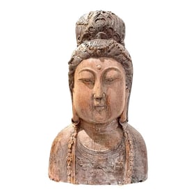 Antique Guan Yin Carved Buddha Bust - Monumental