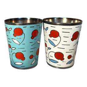 Vintage Russian Cloisonne Enamel Jigger Cup Blue, Red, White, Silver Signed Aiom - Set of Two