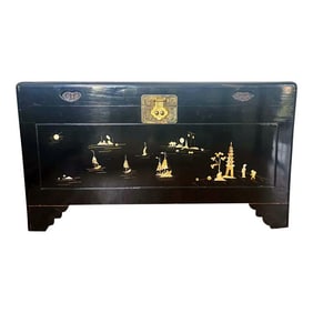 Vintage Black Lacquer Chinoiserie Wedding Chest With Mother of Pearl Inlay