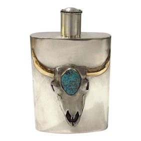 Buffalo Skull Sterling Silver and Turquoise Flask by Carol Helvey-Woolsey