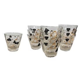 1950's MCM Federal Glass Fantasy Black & 22 Karat Gold Manhattan Glasses Set of 10