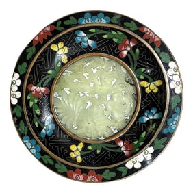 1920's Black Cloisonné Trinket Dish - Carved Jade Center - Chinese
