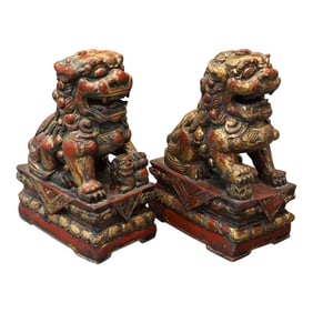 A Pair of 19th Century Antique Gilt and Red Painted Foo Lion Sculpture