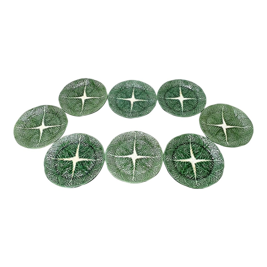 Mid Century Secla Portugal Cabbage Leaf Dinner Plates - Set of 8: Mid Century SECLA, Portugal dinner plates measuring 11" diameter. These plates some signs of wear but will display well in mix and match table settings. No cracks or chips. Light crazing is consistent