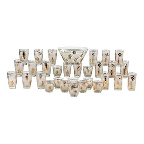 Mid-20th Century MCM to Hollywood Regency Libbey Frosted Golden Foliage Pattern 31 Piece Glassware S