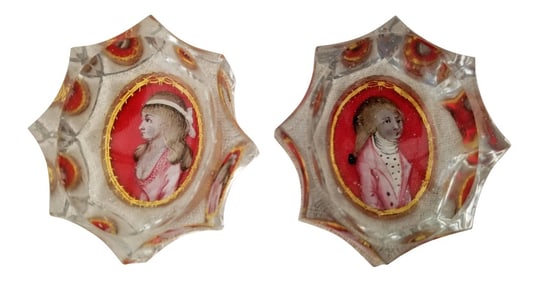 18th Century Cut Glass Reverse Painted Portrait Master Salt Cellars