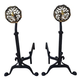 Pierced Brass and Wrought Iron Andirons