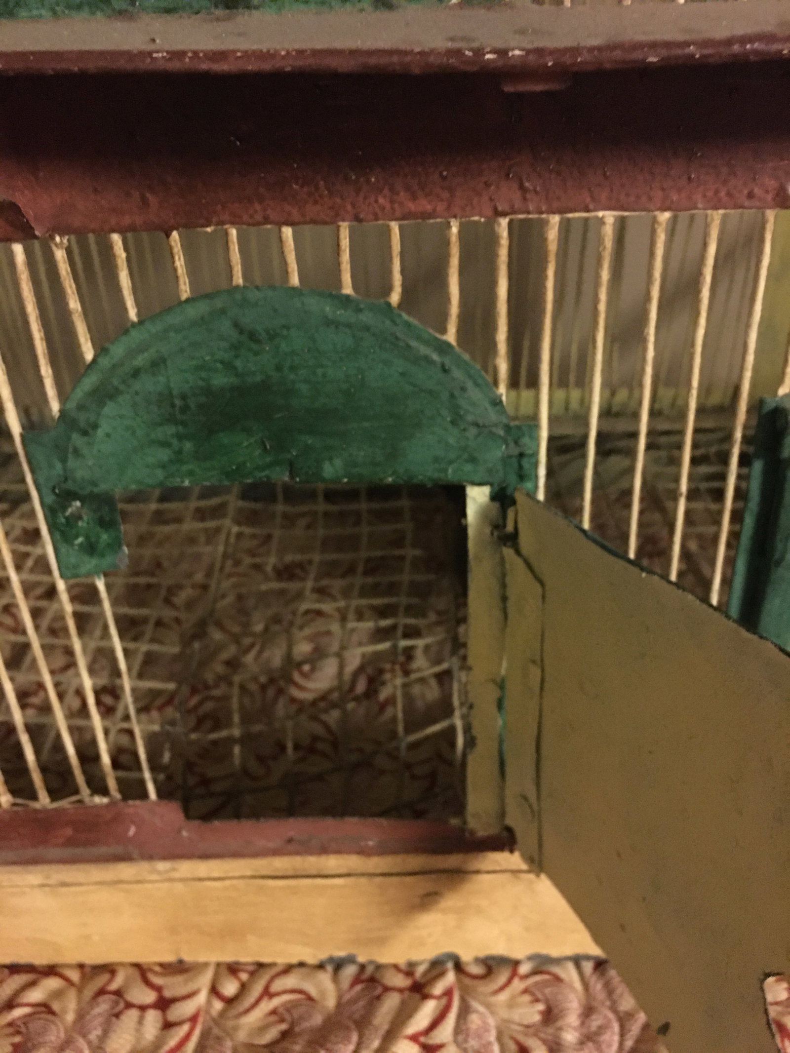 French Antique Birdcage, Paint Wire and Pewter on Stand: Amazing Large french birdcage with wire pewter and early paint. Has working doors with pewter roof. Love the windows. On a custom stand..Great roof lines and finials metal work is sturdy and beautiful