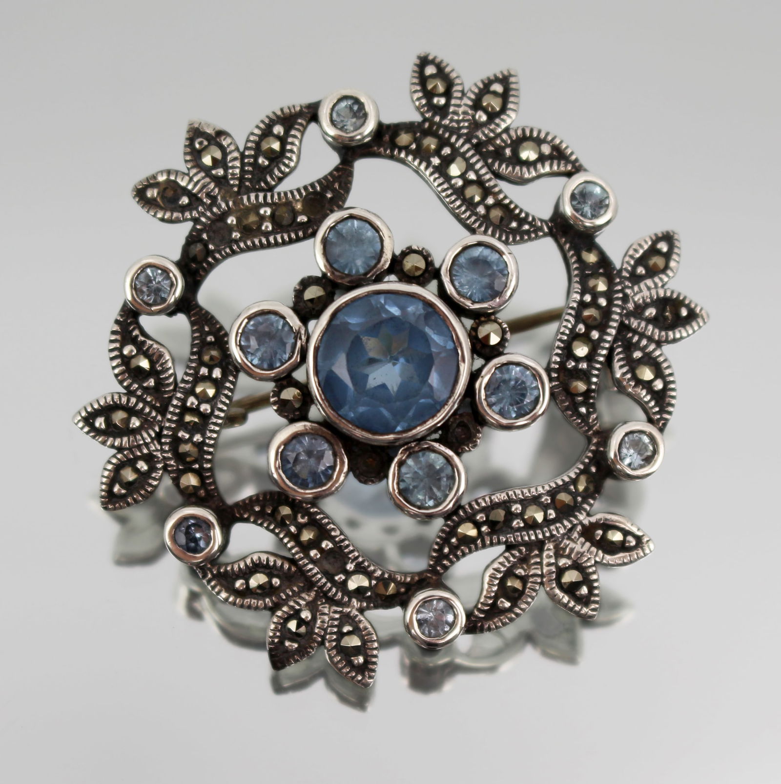Vintage Silver, Marcasite & Blue Stone Brooch (1 of 3)