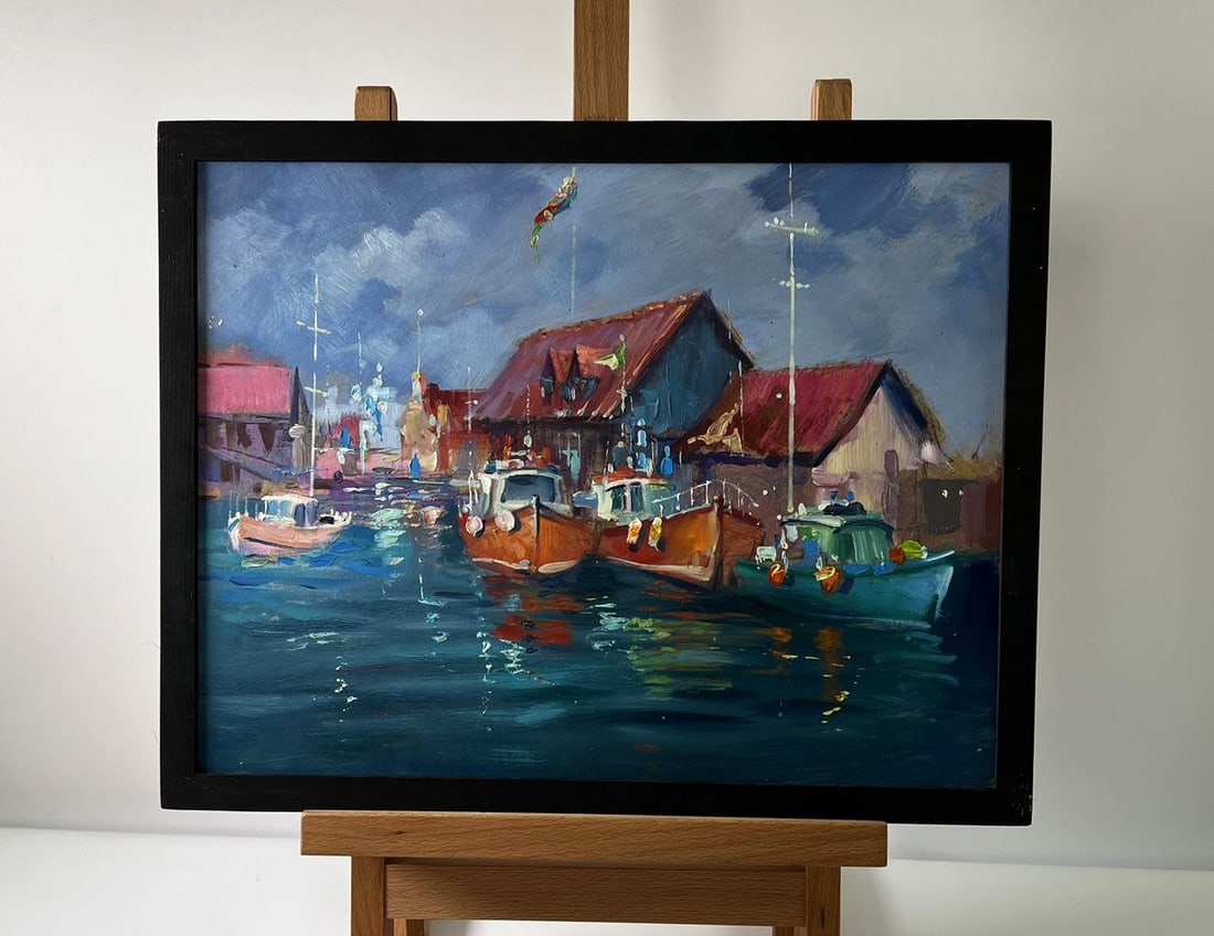 Oil painting City on the water Yuriy Suprunchuk: Title: Oil painting City on the water Yuriy Suprunchuk Description: NoAAA5682 The Oil painting Cardboard titled "City on the water" captures a vivid and atmospheric vision of a harbor town where life