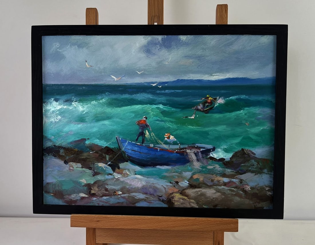 Oil painting Fishermen at sea Yuriy Suprunchuk: Title: Oil painting Fishermen at sea Yuriy Suprunchuk Description: ?AAA5475 The Oil painting on Cardboard titled “Fishermen at sea” captures a moment of labor and resilience set against the dr