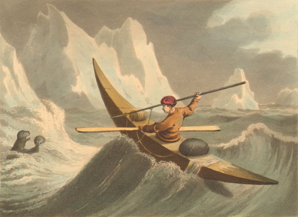 GREENLAND.Seal catching.Harpoon Kayak Canoe.(Field Sports-Edward Orme) 1814: Title: GREENLAND.Seal catching.Harpoon Kayak Canoe.(Field Sports-Edward Orme) 1814 Description: Greenlanders Seal catching'. JH Clark del; M Dubourg sculpt. Published 1814. Antique aquatint print with