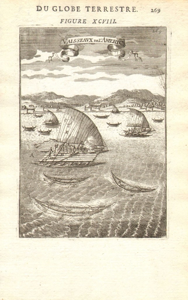SOUTH AMERICA. 'Vaisseaux de l'Ameriq'. Pre-columbian sailing rafts. MALLET 1683 (1 of 1)