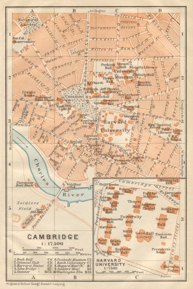 CAMBRIDGE, Massachusetts town city plan. Inset Harvard University 1904 old map: Title: CAMBRIDGE, Massachusetts town city plan. Inset Harvard University 1904 old map Description: Cambridge; Inset Harvard University' by Baedeker, Karl / Wagner & Debes. Published 1904. Antique colo