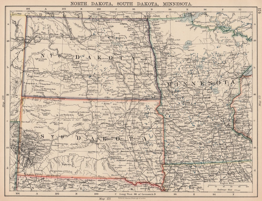 USA PLAINS STATES. North Dakota South Dakota Minnesota. Railroads 1906 old map (1 of 1)