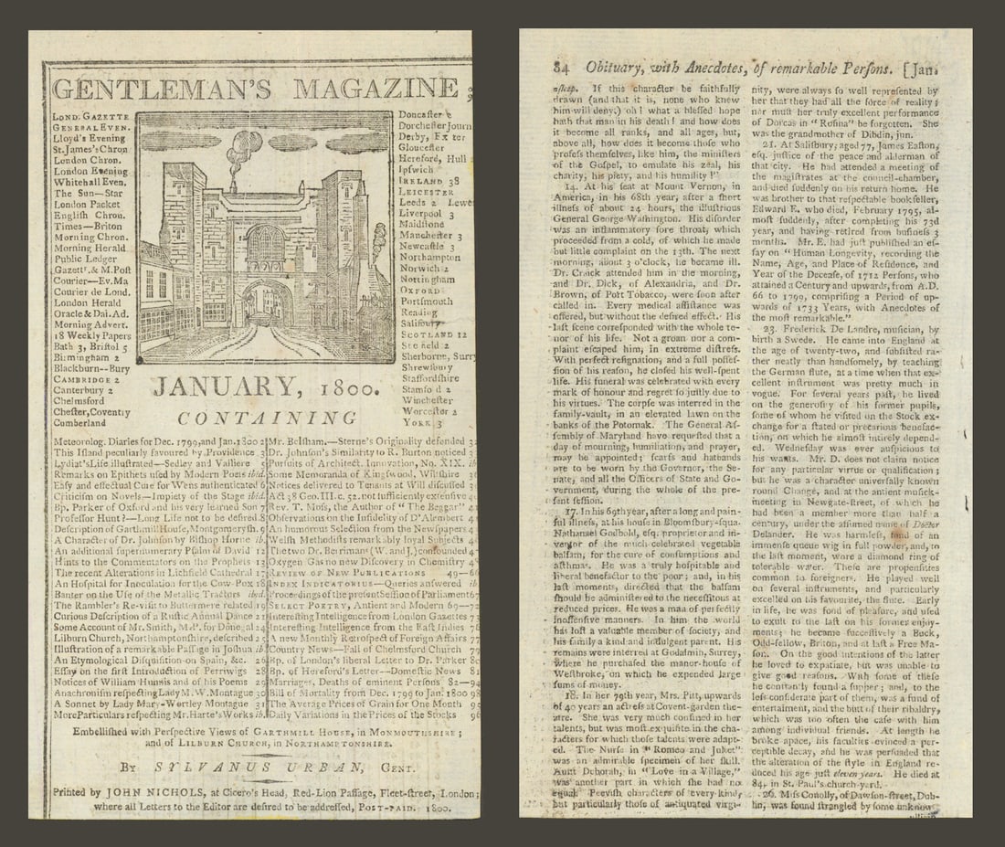 George Washington Obituary in the Gents Mag "He closed his well-spent life" 1800 (1 of 1)