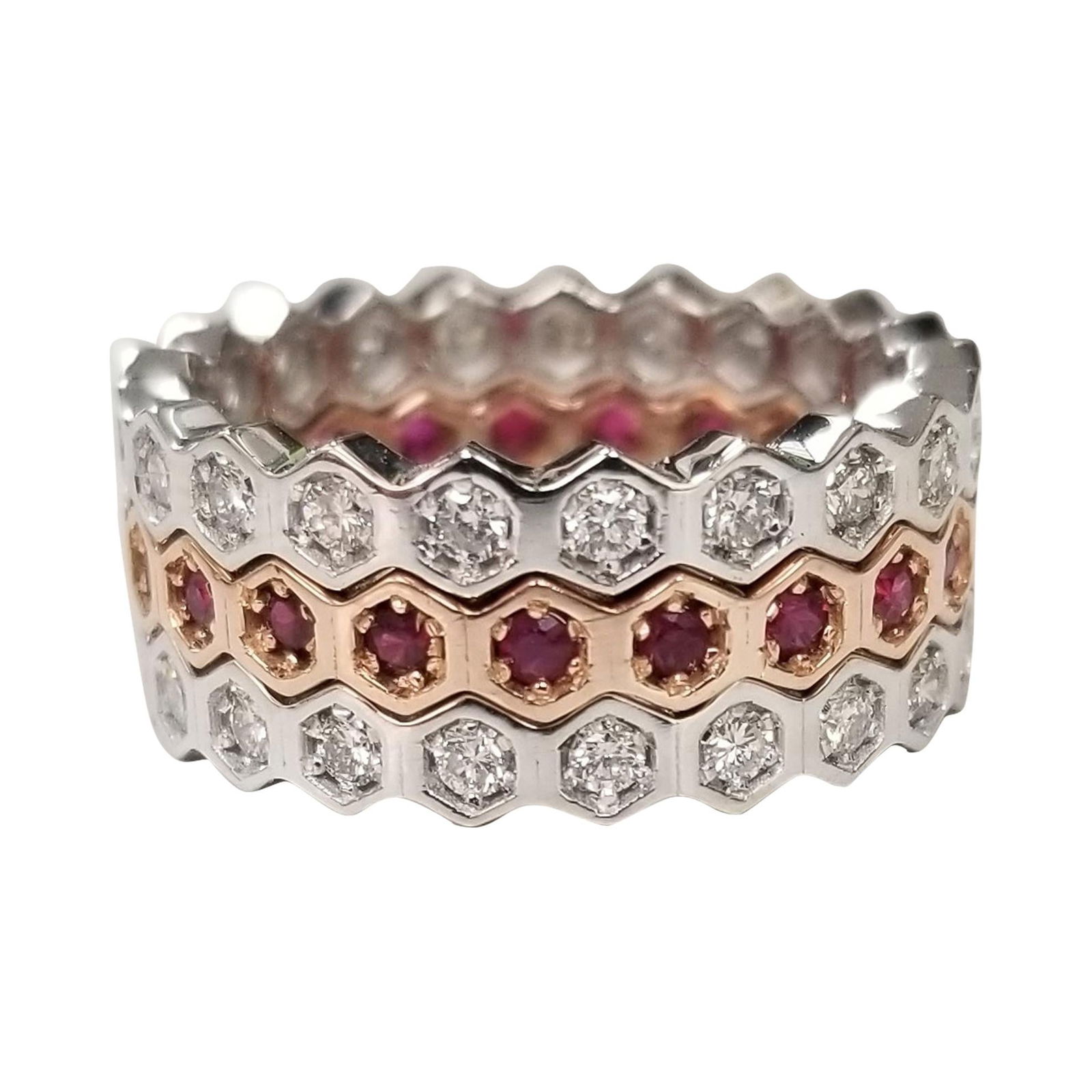14k White and Rose Gold Stackable Rings with Diamonds and Rubies: Title: 14k White and Rose Gold Stackable Rings with Diamonds and Rubies Description: 14k white and rose gold stack-able rings; stones: 42 round diamonds color: G clarity: VS weight: .90pts. additional