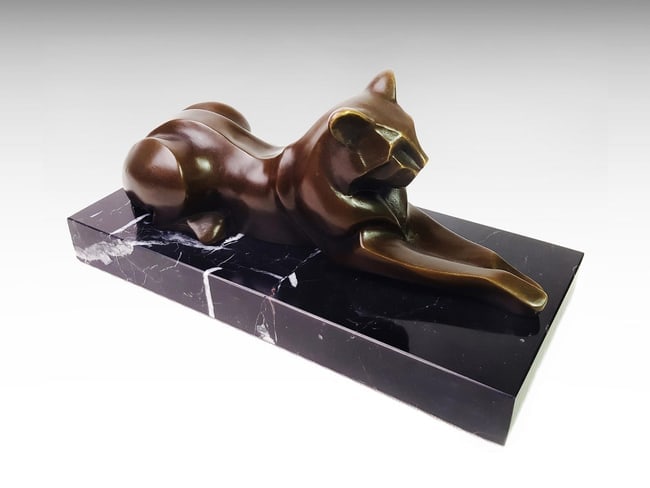 Cat Bronze Sculpture on Marble Base, Art Deco Bronze Statue Mid Century Modern, Animal Figurine (1 of 1)