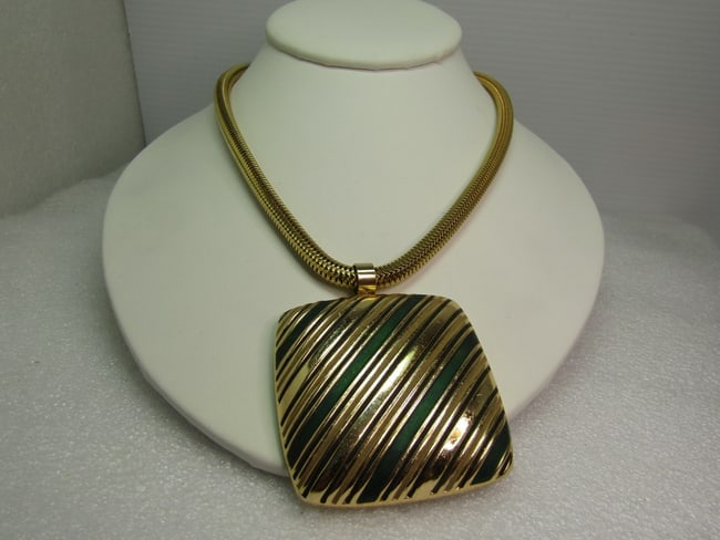 Vintage Lanvin Paris - Enameled Square Pendant Necklace, Snake Chain, 17", 1970's (1 of 1)