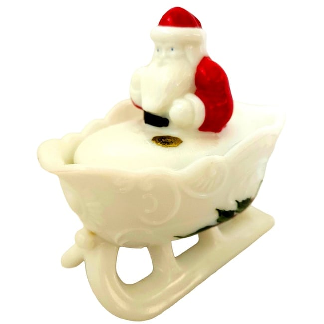 Westmoreland Milk Glass Santa Claus and Sleigh Hand Painted with Holly Trim: Title: Westmoreland Milk Glass Santa Claus and Sleigh Hand Painted with Holly TrimDescription: Westmoreland Milk Glass Santa Claus and Sleigh Hand Painted with Holly TrimBoth pieces have the Westmorel