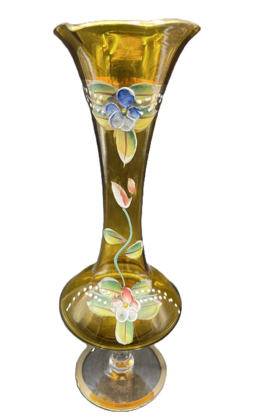 Vintage Czech Bohemian Amber Glass Hand Painted Floral & Gold Bud Vase Beautiful (1 of 1)