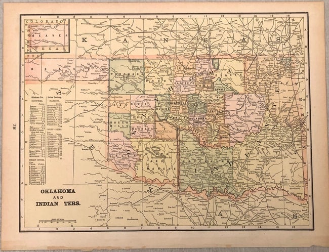 1895 Cram Map of Oklahoma and Indian Ters: Title:1895 Cram Map of Oklahoma and Indian TersCartographer:G Cram,li>Year/Place:1895 c., ChicagoMap Dimension(in.):9.7 X 12.8 in.Description:This excellent map captures the Indian Territory and Oklah