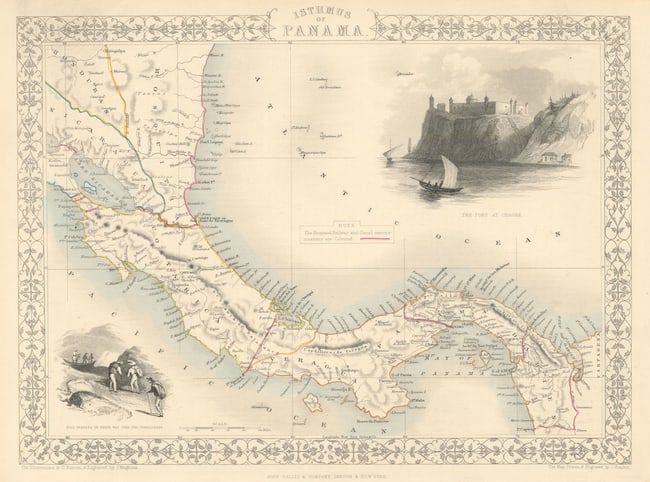 PANAMA ISTHMUS shows 7 proposed canal, rail & road routes RAPKIN/TALLIS 1851 map (1 of 1)