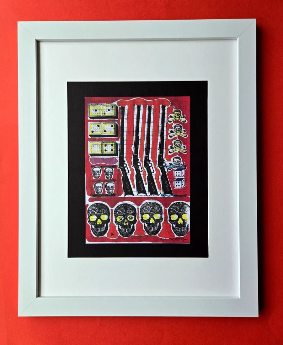 Pedro Friedeberg –" SKULLS, GUNS & CASH" Framed Mexican Surrealist Print: We have for Sale this PEDRO FRIEDEBERG AWESOME PRINT ON PAPER " SKULLS GUNS & CASH" FACSIMILE SIGNED FULL OF COLOR PRINT SIZE OF THE PRINT: 7 X 5 in FRAME COVERS AN AREA OF 15 X 12 in MOUNTED AND FRAM
