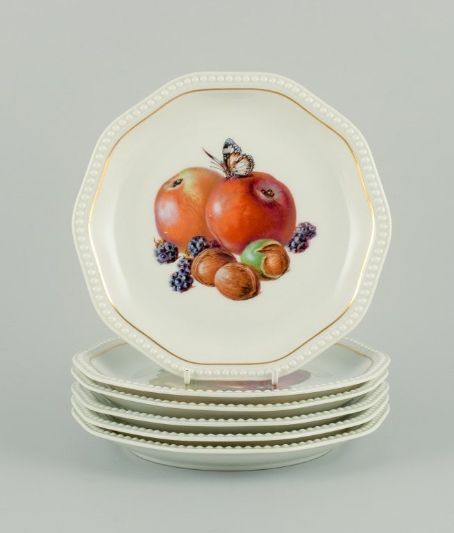 Rosenthal, Germany, six plates hand painted with fruits, butterflies and gold decoration. (1 of 9)