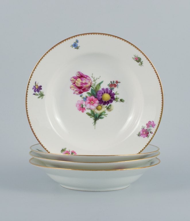 B&G, Bing & Grondahl Saxon flower. Four deep plates decorated with flowers and gold rim. (1 of 6)