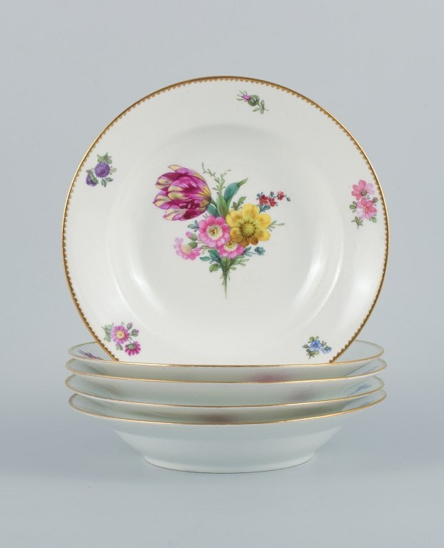 B&G, Bing & Grondahl Saxon flower. Five deep plates decorated with flowers and gold rim. (1 of 7)