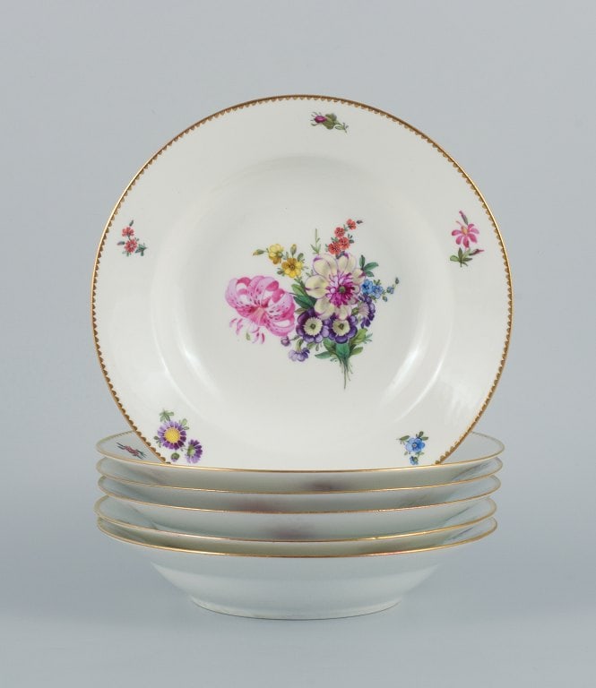 B&G, Bing & Grondahl Saxon flower. Six deep plates decorated with flowers and gold rim. (1 of 8)