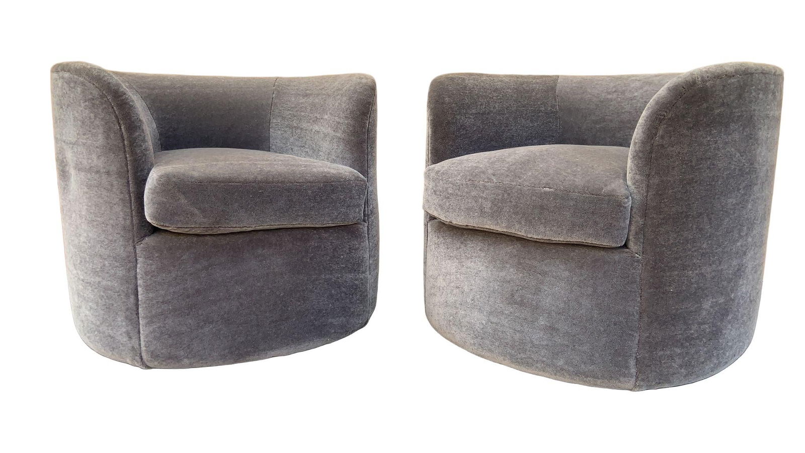 Mid Century Modern Faudet-Harrison Swivel Lounge Chairs Newly Reupholstered in Grey Mohair - Pair (1 of 10)