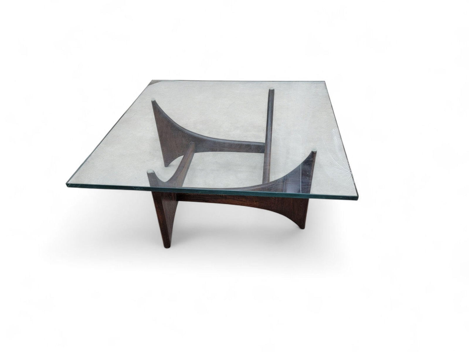 Mid Century Modern Adrian Pearsall Walnut Square Fin Base Glass Top Coffee Table - 3