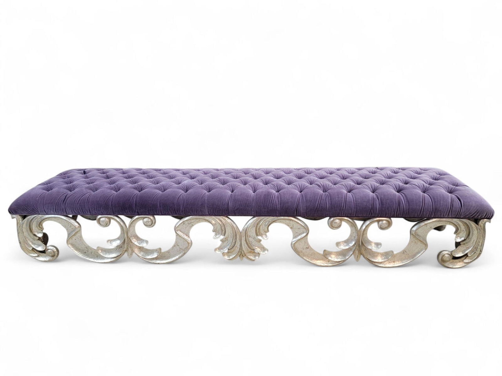 Vintage Christopher Guy Scrolled Silver Gilded Mahogany Tufted Bench in Purple Velvet: Vintage from before 2000 Materials: mahogany, velvet, wood *** Shipping is NOT Free, please contact us for a shipping quote. Vintage Christopher Guy Scrolled Silver Gilded Mahogany Base Original