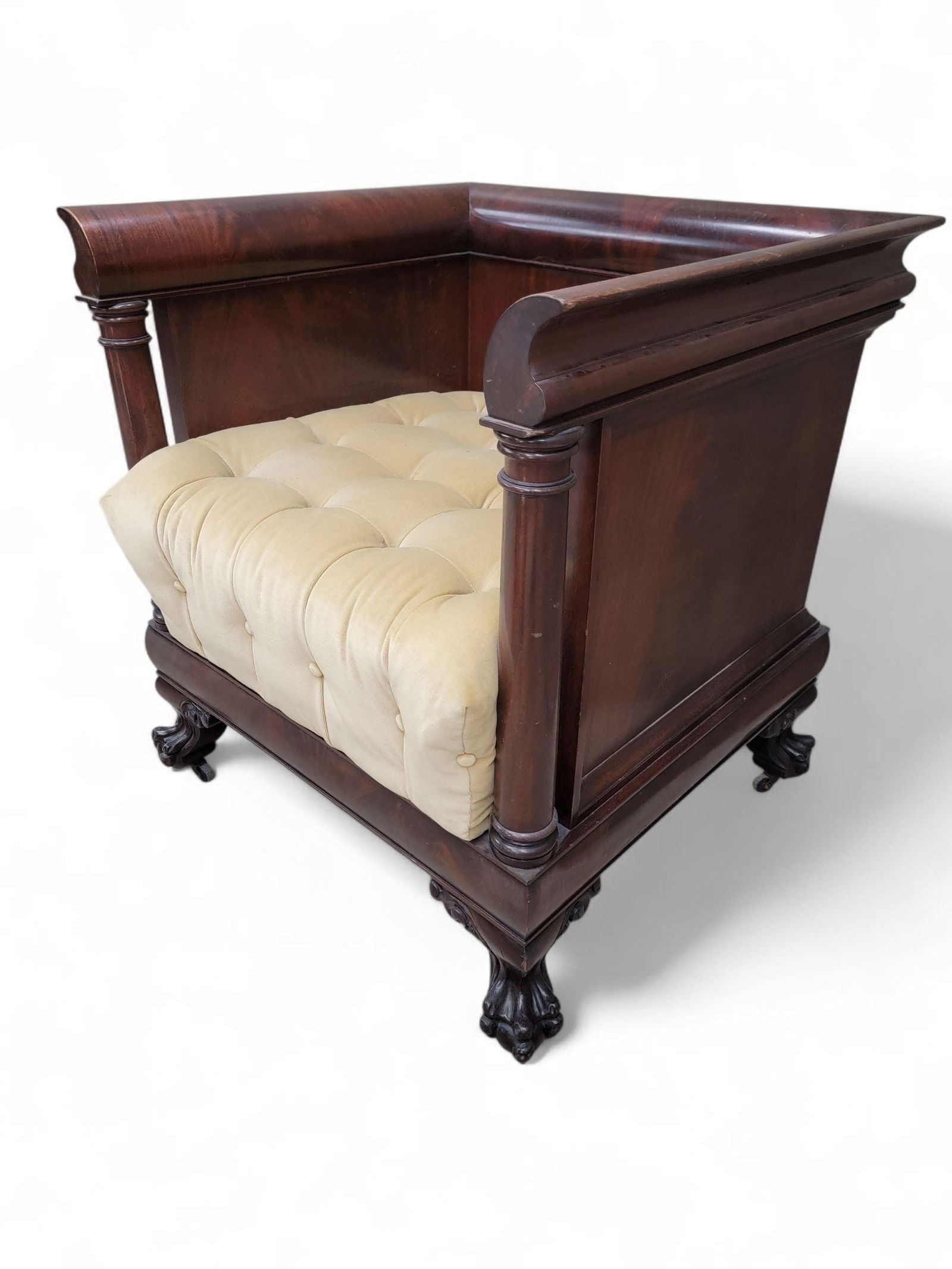 Antique English Colonial Mahogany Cube Chair: Vintage from before 2000 Materials: fabric, mahogany, wood *** Shipping is NOT Free, please contact us for a shipping quote. Antique English Colonial Mahogany Cube Chair The seat is button