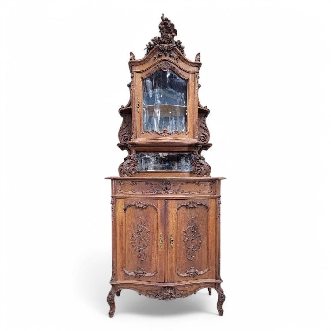 Antique French Carved Ornate Bombe Vitrine Cabinet: Vintage from before 2000 Materials: brass, glass, metal, wood *** Shipping is NOT Free, please contact us for a shipping quote. Antique French Carved Ornate Bombe Vitrine Cabinet Featuring